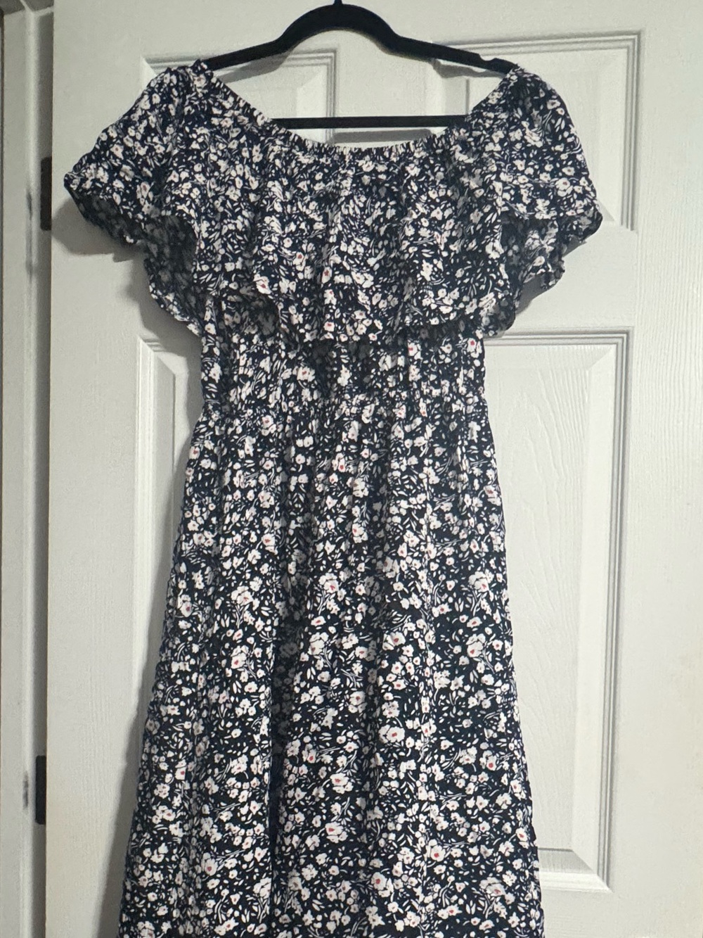 Navy Floral Off-the-Shoulder Ruffle Midi Dress